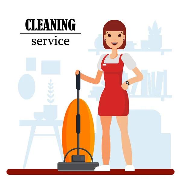 Schoonmaak service personeel karakter met de stofzuiger. Huisvrouw schoonmaak thuis, vrouw werknemer in uniform, schoonmaak diensten - platte vectorillustratie — Stockvector