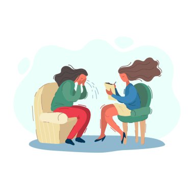 Woman psychologist writes patients story, psychiatrist accepts a crying patient. Psychotherapy concept vector illustration. clipart