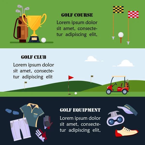 ゴルフ バナーの設定、ゴルフ トーナメント、クラブ、選手権、コースおよび学校の設定、ゴルフのウェブサイトのヘッダーに服やアクセサリー スポーツ ゲーム - フラットのベクトル図 — ストックベクタ