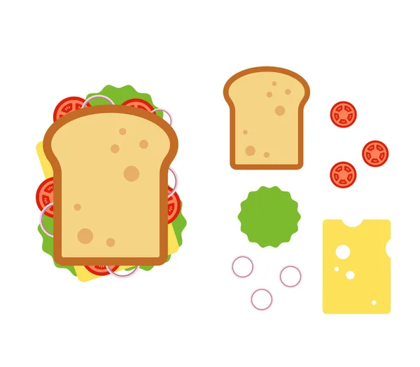 Sandwiche vista superior con tomate, cebolla, ensalada, queso aislado sobre fondo blanco, merienda para el desayuno y el almuerzo, ilustración vectorial plana — Vector de stock