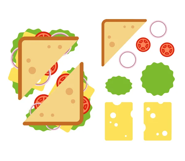 トマト、オニオン、サラダ、白い背景に、朝食とランチ、フラットのベクトル図にスナックに分離されたチーズに挟まれた平面図 — ストックベクタ