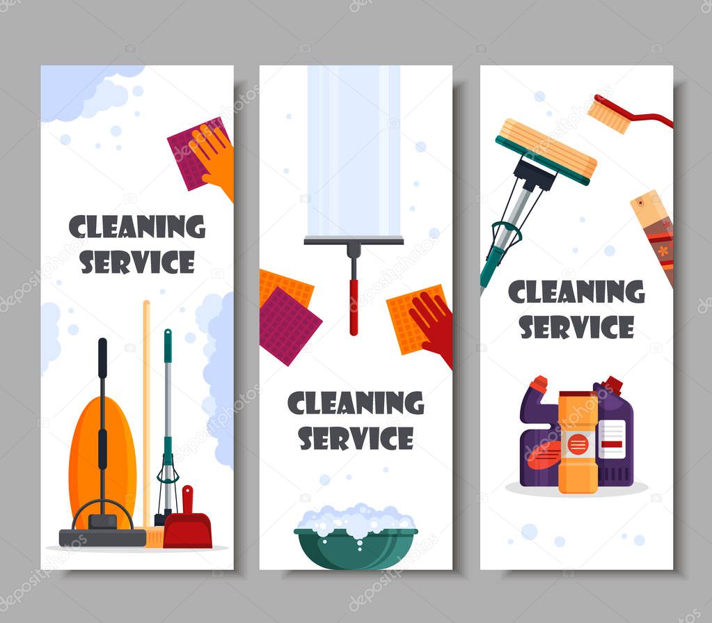 Cleaning service horizontal banners. Set house cleaning tools, detergent and disinfectant products, household equipment for washing - flat vector illustration