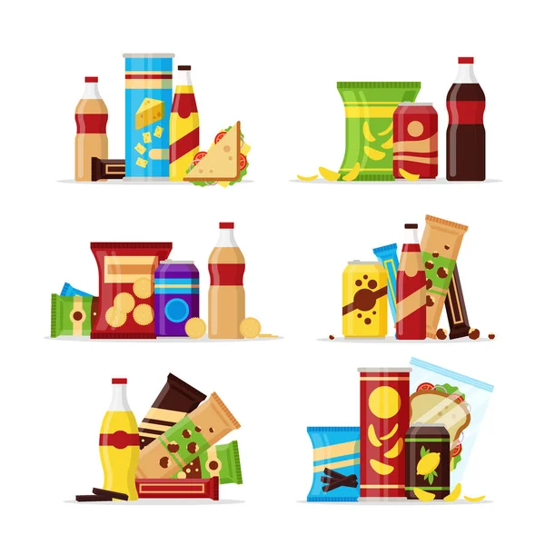 Set de productos de snack, snacks de comida rápida, bebidas, nueces, papas fritas, galleta, jugo, sándwich aislado sobre fondo blanco. Ilustración plana en vector — Archivo Imágenes Vectoriales