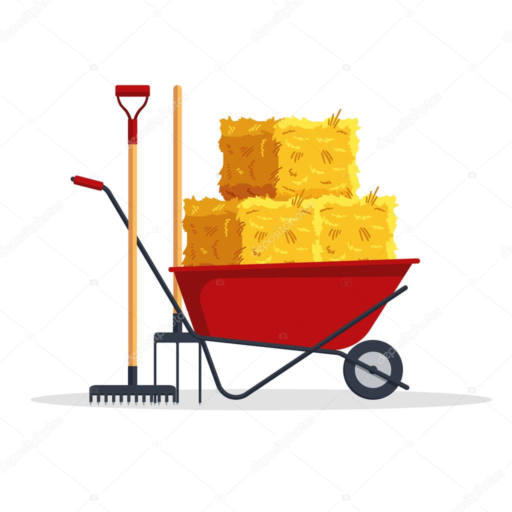 Red flat gardening wheelbarrow with bale of hay, pitchfork, rake isolated on white background. Flat dried haystack, farming haymow, agricultural rural haycock, haymaking time - vector illustration