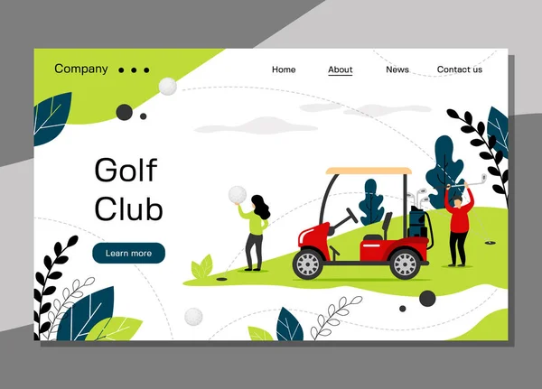 高尔夫俱乐部着陆页模板, 高尔夫学校概念与高尔夫球车, 横幅网站-矢量插图 — 图库矢量图片