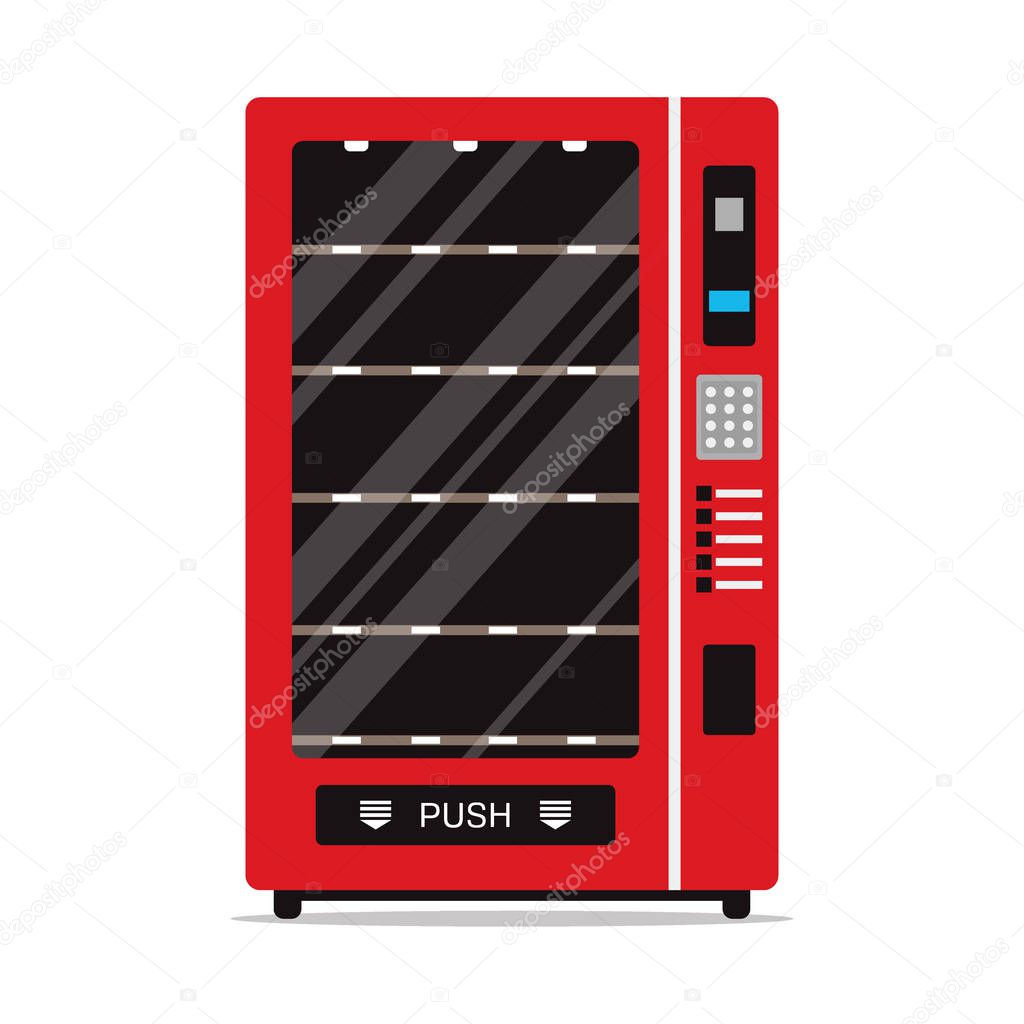 Empty vending machine isolated on white background. Automat with shelves for food or other products, automatic seller. Penny-in-the-slot, red metal vendor machine flat illustration in vector