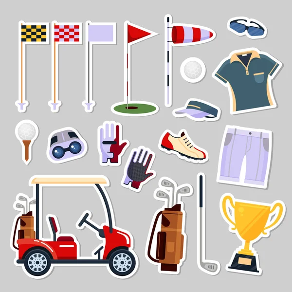 Set van patch badges golf apparatuur pictogram logo in vlakke stijl. Kleding en accessoires voor het golfen, sport spel, vectorillustratie — Stockvector