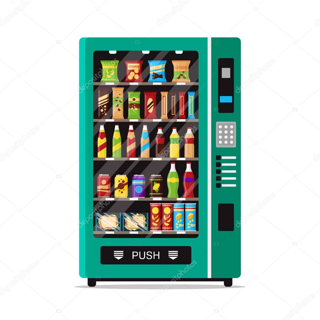Full vending machine with fast food snacks and drinks isolated on white. Automat vendor machine front view automatic seller. Snack dispenser flat illustration in vector
