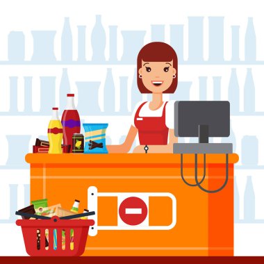 Woman cashier in supermarket with snack products. Seller at the counter with food basket, fast food snacks, drinks, nuts, chips, cracker, juice, sandwich in the store - flat vector illustration clipart