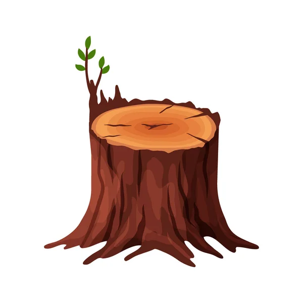 Trozo de árbol viejo de dibujos animados con grietas y raíces aisladas sobre fondo blanco. Árbol muñón vector ilustración — Vector de stock