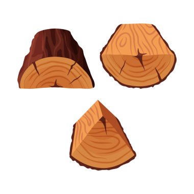Çizgi film ağaç üçgen şeklindeki ve beyaz arka plan üzerinde yarı daire günlükleri izole. Ahşap günlük kesit ile böler ve çatlaklar vektör çizim