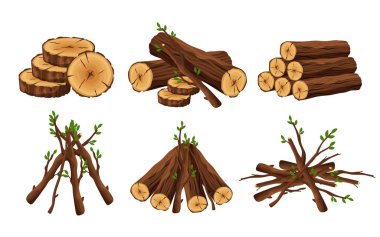 Woodpile, çırpı, yakacak odun hut, yığınlar ahşap günlükleri ve beyaz arka plan üzerinde izole dallar kümesi. Ahşap kazık şenlik ateşi tasarım öğeleri için-düz vektör çizim
