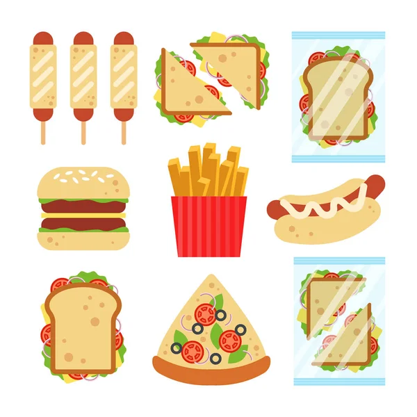 Set de comida rápida para el diseño del menú del almuerzo. Comida callejera poco saludable aislado sobre fondo blanco, hamburguesa pizza embutido masa bocadillo papas fritas snack - ilustración vector plano — Archivo Imágenes Vectoriales
