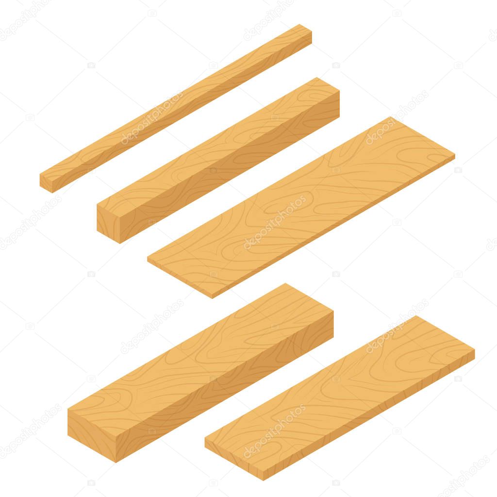 Set of isometric wooden planks, stack of bars and lumber beam, pile of wooden logs timber. Planks for construction vector flat illustration