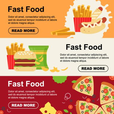 Fast food horizontal banner for luncheonette menu design. Unhealthy street food flyer, hamburger pizza sausage dough sandwich french fries snack - flat vector illustration