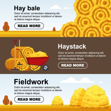 Horizontal banner haystack, wheelbarrow with bale of hay. Flat dried haystack flyer, farming haymow bale hayloft, agricultural rural haycock - vector illustration clipart