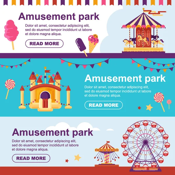 Amusement park horizontal banner with carousel, flags, inflatable trampoline castle, ferris wheel. Set family attractions flyer flat vector illustration — Stock Vector