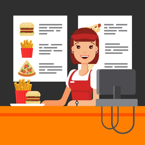 Feliz vendedora de fast food de uniforme com caixa registadora. O vendedor de lanches em almoço, hambúrguer batatas fritas pizza - ilustração vetorial plana — Vetor de Stock