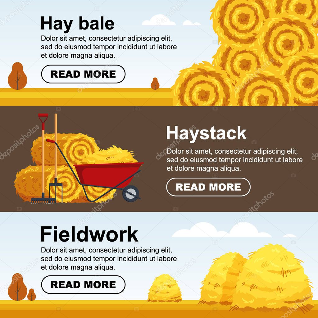 Horizontal banner haystack, wheelbarrow with bale of hay. Flat dried haystack flyer, farming haymow bale hayloft, agricultural rural haycock - vector illustration