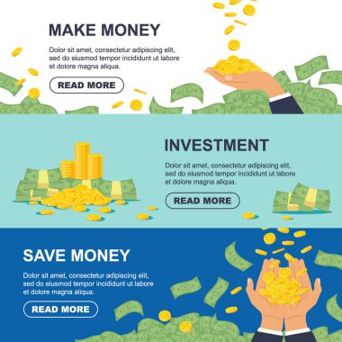 Set horizontal banner for business, banking concept, finance strategy, investment, money making. Golden coin and bundle of money with arms - flat vector illustration
