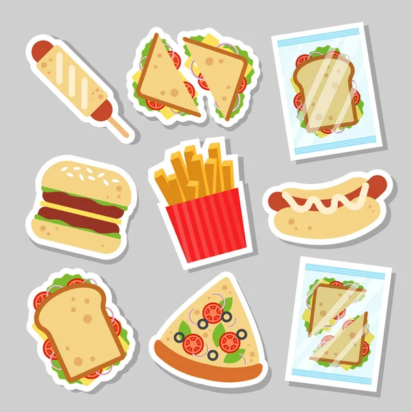 Stiker makanan cepat saji untuk desain menu luncheonette. Patch makanan jalanan yang tidak sehat, adonan sosis hamburger sandwich kentang goreng - ilustrasi vektor datar - Stok Vektor