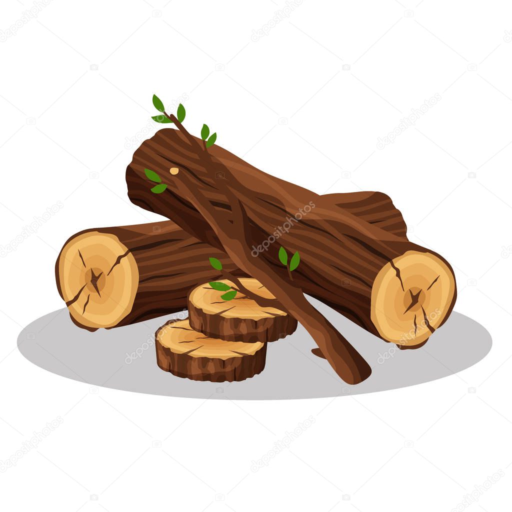 Stack of firewood materials for lumber industry isolated on white background. Pile of wood logs tree trunk, bonfire concept - flat vector illustration