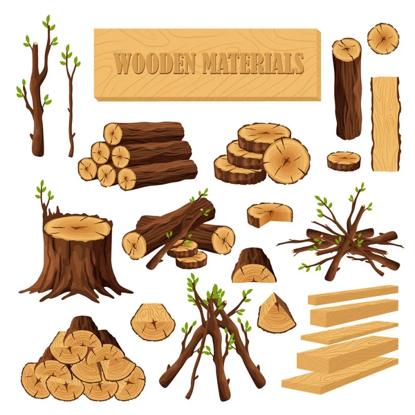 一套用于木材工业的柴火材料, 在白色背景上被隔离。木头日志存根树干树干分支板的汇集。树桩和木板木在锯木厂-平的向量例证 — 图库矢量图片
