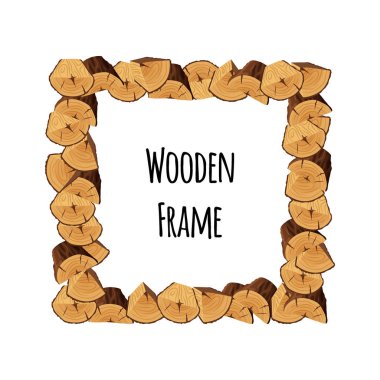 Ahşap çerçeve beyaz arka plan üzerinde izole ağaç üçgen şeklindeki ve yarı daire günlükleri. Metin - düz vektör çizim için yer ile kare aşınmış sınır