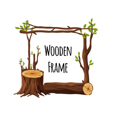 Wooden frame of tree log, stump, branches isolated on white background. Square timbered border with place for text - flat vector illustration clipart