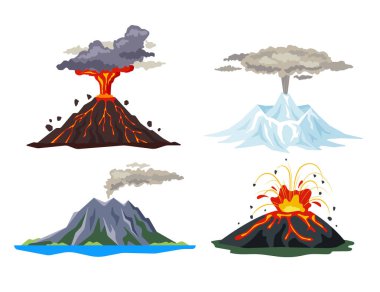 Volcano eruption set with magma, smoke, ashes isolated on white background. Volcanic activity hot lava eruption, sleeping and erupting volcanoes - flat vector illustration clipart