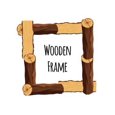 Ahşap çerçeve beyaz arka plan üzerinde izole ağaç günlükleri. Metin - düz vektör çizim için yer ile kare aşınmış sınır