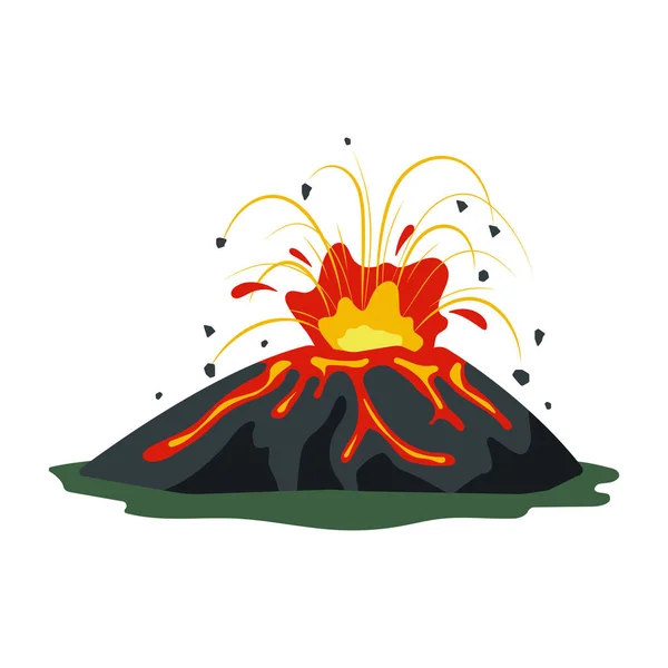 Erupción volcánica con magma, humo, cenizas aisladas sobre fondo blanco. Actividad volcánica erupción de lava caliente - ilustración vectorial plana — Archivo Imágenes Vectoriales