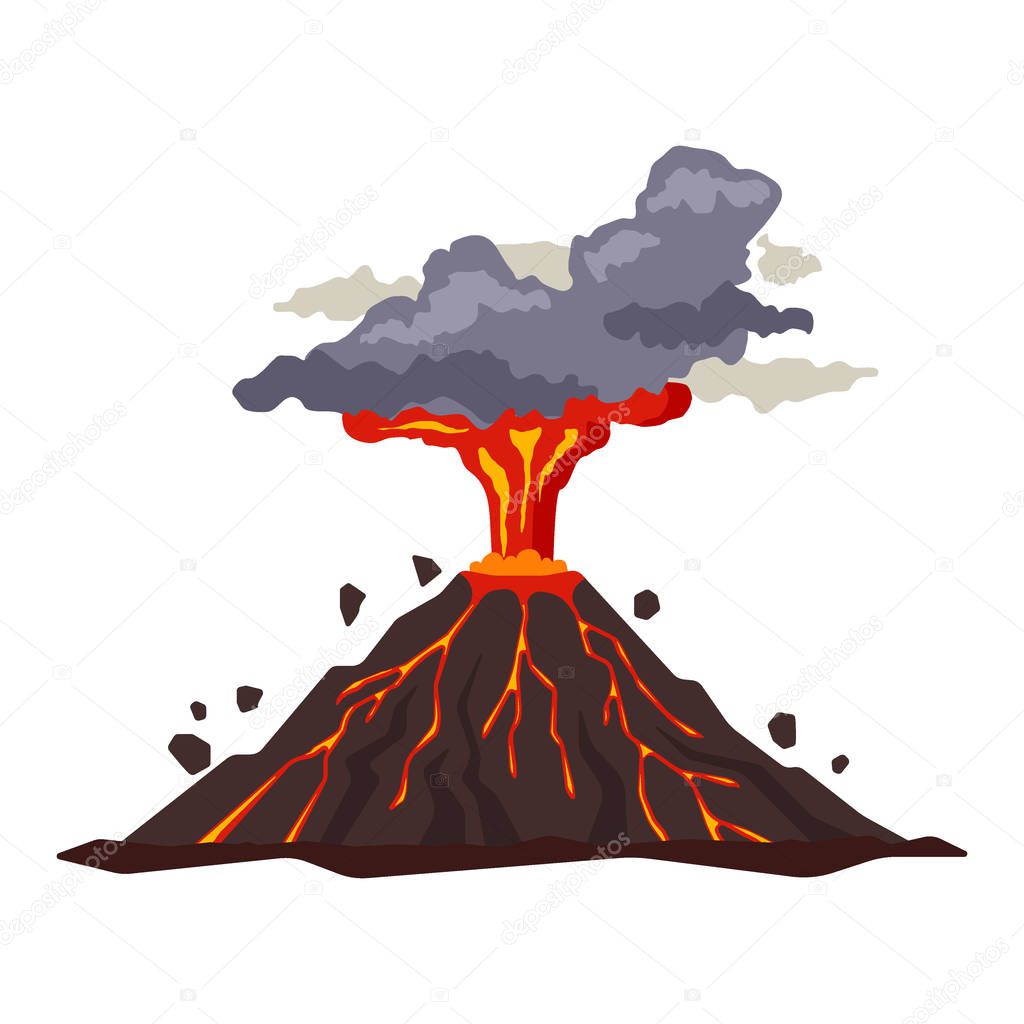 Volcano eruption with magma, smoke, ashes isolated on white background. Volcanic activity hot lava eruption - flat vector illustration.