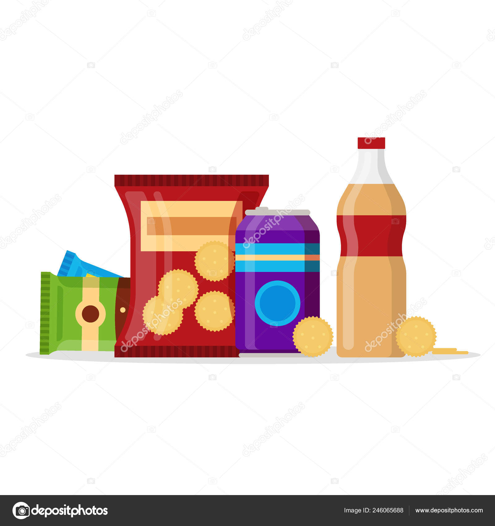 Snack product set, fast food snacks, drinks, nuts, cracker, juice