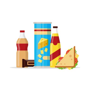 Aperatif ürün seti, lokanta aperatifler, içecekler, cips, suyu, sandviç, beyaz arka plan üzerinde izole çikolata. Düz illüstrasyon vektör