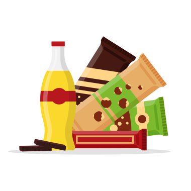 Aperatif ürün seti, lokanta aperatifler, içecekler, fındık, meyve suyu, beyaz arka plan üzerinde izole çikolata. Düz illüstrasyon vektör