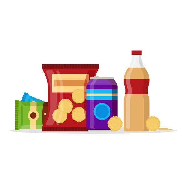 Set de productos de snack, snacks de comida rápida, bebidas, nueces, galleta, jugo aislado sobre fondo blanco. Ilustración plana en vector — Archivo Imágenes Vectoriales