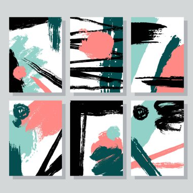 Fırça darbeleri ile evrensel kartların seti, çizilmiş karalamalar mürekkep, çizilmiş dokuları el. Davet, el ilanı, etiket, parti, afiş, poster, kitap kapağı, şirket adı vektör çizim için yaratıcı kartları