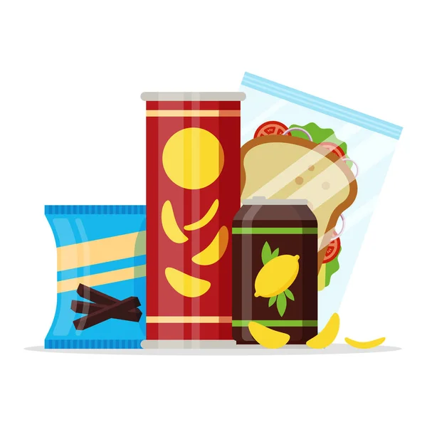 Produk snack, makanan cepat saji, minuman, keripik, jus, sandwich diisolasi pada latar belakang putih. Ilustrasi datar pada vektor - Stok Vektor