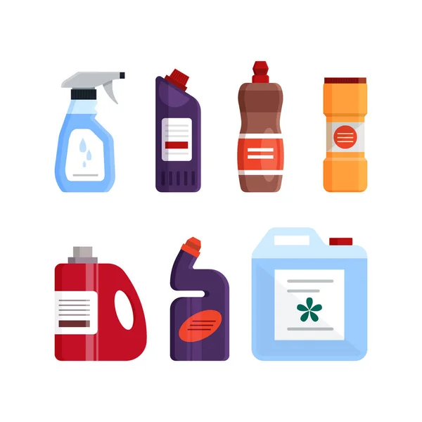 Conjunto de herramientas de limpieza, detergente y productos desinfectantes, equipo doméstico para el lavado. Ilustración vectorial plana aislada sobre fondo blanco — Vector de stock