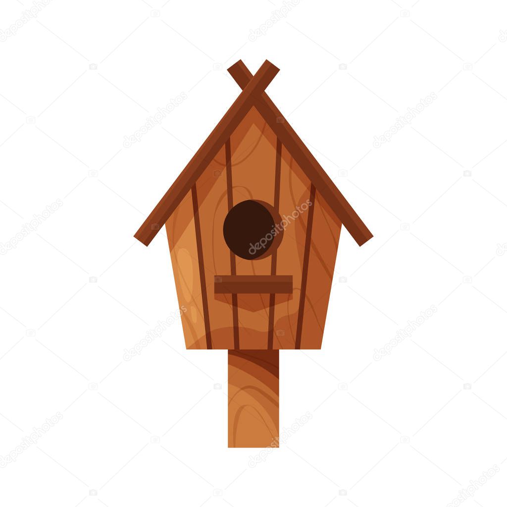 Wooden handmade bird house isolated on white background. Cartoon homemade nesting box with a pole, ecology birdbox for birds vector illustration