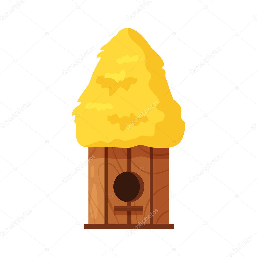 Wooden handmade bird house with a thatched roof isolated on white background. Cartoon homemade nesting box for birds, ecology birdbox vector illustration