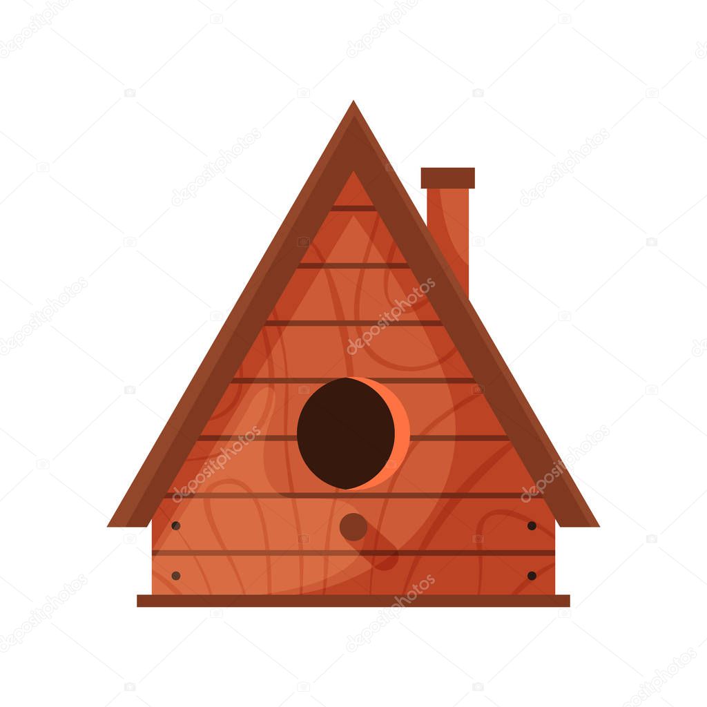 Wooden handmade bird house isolated on white background. Cartoon homemade nesting box for birds, ecology birdbox vector illustration