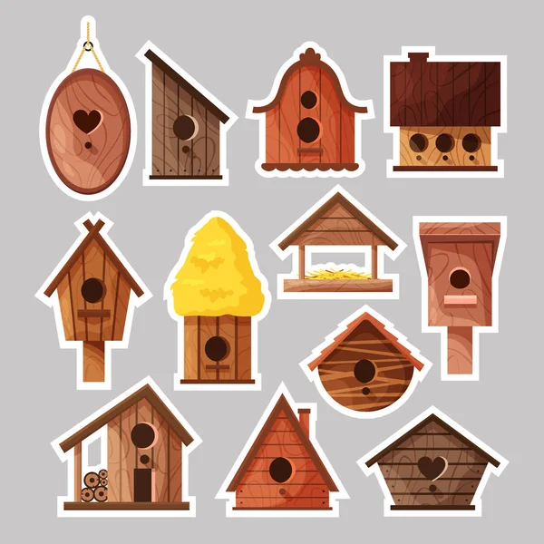 Conjunto de pegatinas de cajas de pájaros. Diferentes casas de aves hechas a mano de madera, cajas de anidación caseras de dibujos animados para aves, ilustración vectorial — Vector de stock