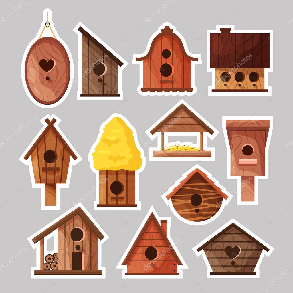 Set of birdboxes stickers. Different wooden handmade bird houses, cartoon homemade nesting boxes for birds, vector illustration