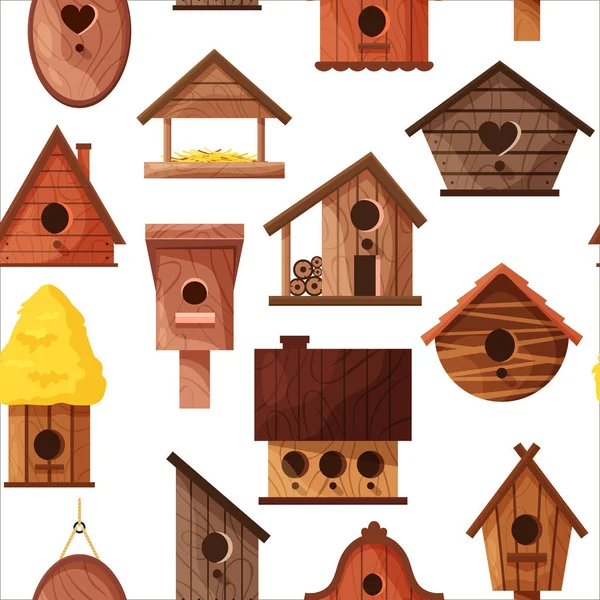 Seamless pattern of different wooden handmade bird houses isolated on white background. Cartoon homemade nesting boxes for birds, vector illustration for print — Stock Vector