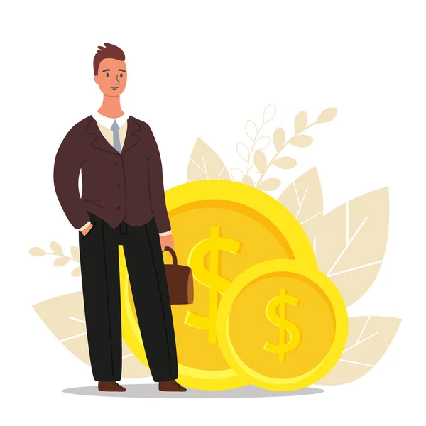 Финансовый советник. Бизнесмен стоит рядом с монетами, концепция финансирования бизнеса, плоская векторная иллюстрация — стоковый вектор