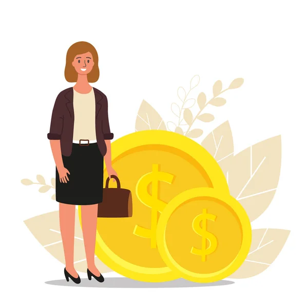 Conseiller financier. Femme d'affaires est debout près de pièces, concept de financement des entreprises, illustration vectorielle plate — Image vectorielle