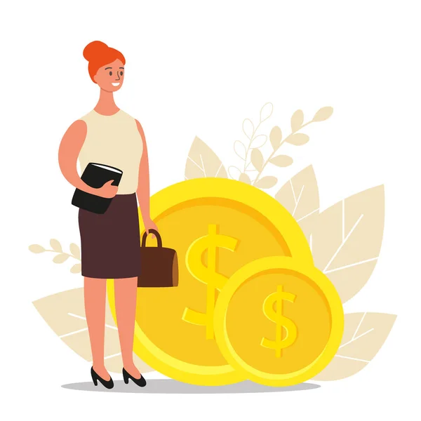 Conseiller financier. Femme d'affaires est debout près de pièces, concept de financement des entreprises, illustration vectorielle plate — Image vectorielle