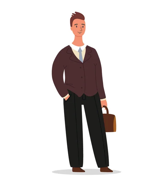 Un hombre de negocios seguro está de pie con un maletín en la mano. Oficinista o empresario diseño de carácter aislado sobre fondo blanco, ilustración de dibujos animados vectoriales — Vector de stock